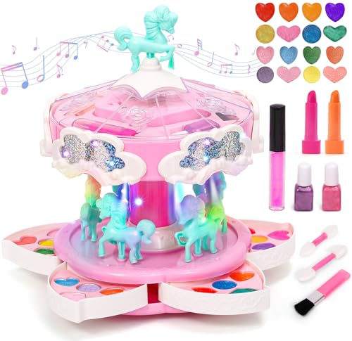 Einhorn Kinderschminke Set Mädchen Waschbar Make Up Schmink Kinder mit Einhorn-Karussell Schminkkoffer Licht & Musik Nagellack Lippenstift, Schminkset Spielzeug Geschenk für Mädchen 3 4 5 6 7 8 Jahre von vamei