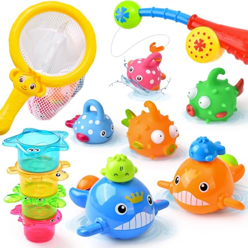 Badewannenspielzeug Badespielzeug Baby ab 1 Jahr Wasserspielzeug mit Fischernetz Angelspiel Aufziehbarem Spritzen Stapelbecher, Pool Badewannen Montessori Spielzeug Geschenk für Kinder 1 2 3 4 5 6 von vamei