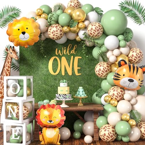 Dschungel Safari Deko 1. Geburtstag Junge Wild One Geburtstag Deko mit Salbeigrün Luftballons Girlande Ballonbox Safari Kindergeburtstag Deko Baby Shower Taufe Tropisch Geburtstagsparty Deko von vamei
