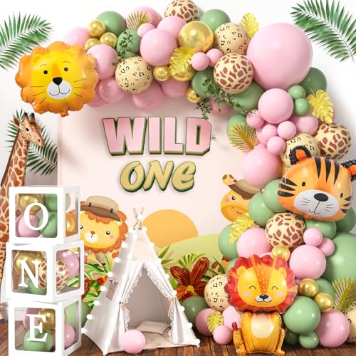 Dschungel Safari Deko 1. Geburtstag Mädchen Wild One Geburtstag Deko mit Salbeigrün Luftballons Girlande Ballonbox Safari Kindergeburtstag Deko Baby Shower Taufe Tropisch (Rosa) von vamei