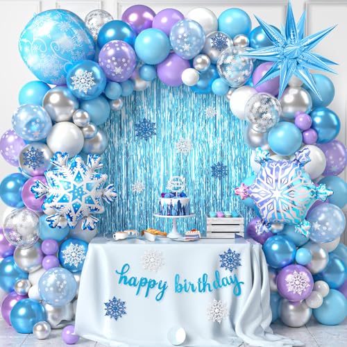 Frozen Geburtstagsdeko Mädchen Eiskönigin Party Deko mit Lametta Vorhang Blau Schneeflocken Folienballon Luftballon Ballon Girlande Lila Silber Banner Frozen Geburtstagsparty Deko Birthday von vamei