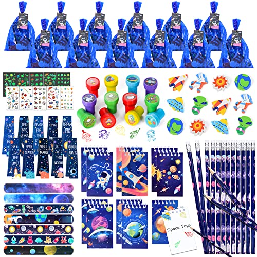 vamei 120Stk Weltraum Mitgebsel Kindergeburstag Gastgeschenke Kinder Notizbuch Stifte Radiergummi Lesezeichen Stempel Schnapparmband Tattoos Geschenktüten Weltraum Party Give Aways Schreibwaren Set von vamei