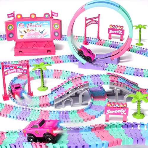 vamei 113 Stück Autorennbahn Auto Spielzeug, Flexible Rennbahn Elektrische Spielzeugauto, Kinder Auto Spielzeug Autobahn, Kinder Geschenk für Mädchen Junge 3 4 5 6 Jahre von vamei