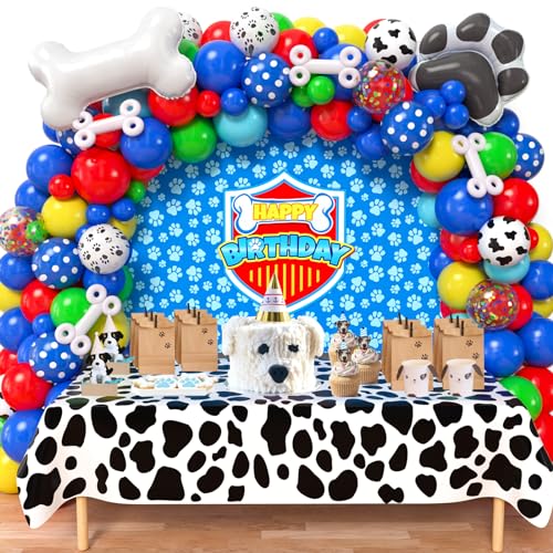 vamei 156 Stk Paw Geburtstag Deko Hund Kindergeburtstag Deko Ballon Girlande mit Knochen Folienballon Happy Birthday Tischdecke Hintergrund Party Deko für Jungen (Blau) von vamei