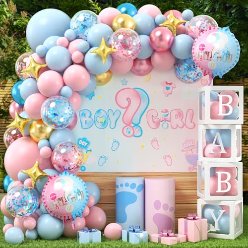 vamei 122Stk Gender Reveal Party Deko Babyparty Deko mit Ballonbox Luftballon Girlande Blau Rosa Boy or Girl Gender Reveal Ballon Baby Boxen Baby Shower Deko von vamei