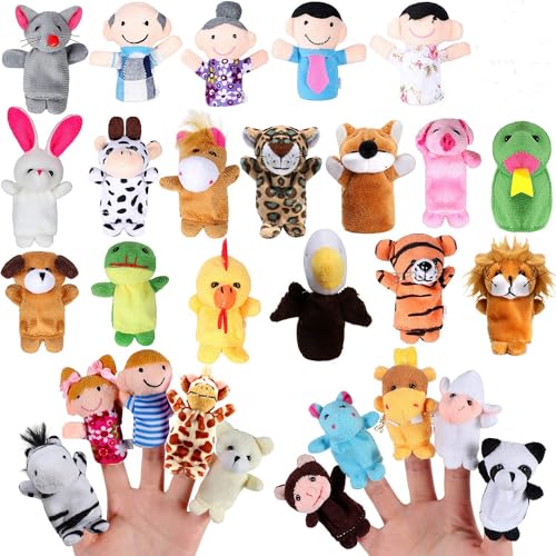 vamei 28 Stück Fingerpuppen Party Mitgebsel Cartoon Tier Hand Spielzeug Menschen Familienmitglieder für Kindergeburstag Gastgeschenk und Finger Plüschtier Stuffer für Ostereier Mitgebsel Weihnachten von vamei