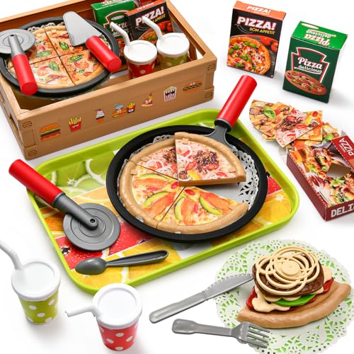 vamei 48 PCS Kinderküche Spielküche Zubehör für Kinder Pizza Spielzeug & Fastfood Set, Pizza Kinderküche Geschirr Küchenspielzeug Rollenspiele Geschenk Spielzeug für Mädchen Jungen ab 3 4 5 6 Jahren von vamei