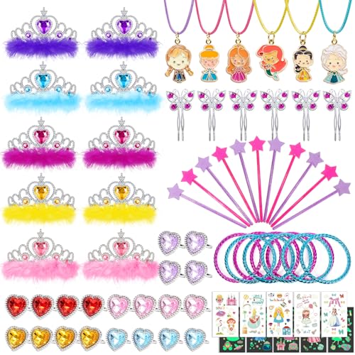 vamei 80Stk Prinzessin Kostüm Zubehör Mitgebsel Kindergeburtstag Mädchen Schmuck Prinzessin Krone Zauberstab Kinder Schmetterling Haarspange Tattoos Prinzessin Geburtstag Party Geschenk von vamei