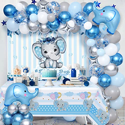vamei 95 Stück Baby Shower Deko Jungen Babyparty Deko Geburtstagsdeko für Kinder Blauer Elefant Kindergeburtstag Luftballons Girlande Kit Partyzubehör Geburtstag Tischdecke Hintergrund von vamei