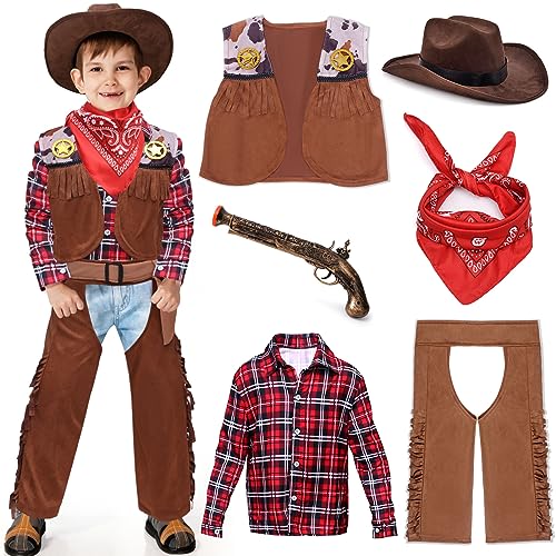 vamei Cowboy Kostüm Kinder Western Cowboy Zubehör Kinder mit Cowboy Weste Cowboy Hut Kinder Halstuch für Karneval Cosplay Halloween Kinder 3 4 5 6 7 8 9 10 11 12 Jahre von vamei