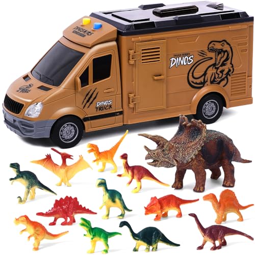 vamei Dinosaurier LKW Spielzeug Autotransporter Spielzeug mit Lichtern und Tönen Dinosaurier Autos mit Mini Dinosauriers Kinderspielzeug ab 3 4 5 6 Jahre Jungen Geschenke für Kinder (Dinosaurier) von vamei