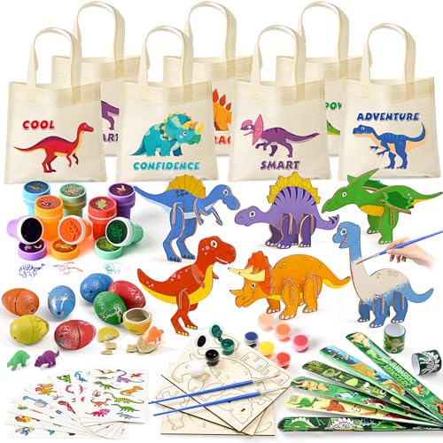 vamei Dinosaurier Mitgebsel Kindergeburtstag mit Dinosaurier Holz Bastelset Tragetaschen Dino Eier Slap Armbänder Stempel Temporäre Tattoos, Piñata Füllung Give Aways Mitbringsel für Jungen Kinder von vamei