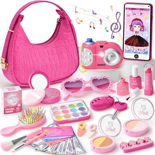 vamei Handtasche Mädchen Spielzeug Geschenke mit Rosa Tasche Kinderschminke Set Fake Handy Spielgeld Sonnenbrille Rollenspiel Geburtstag Geschenke für Kinder Mädchen ab 3 4 5 6 Jahren von vamei