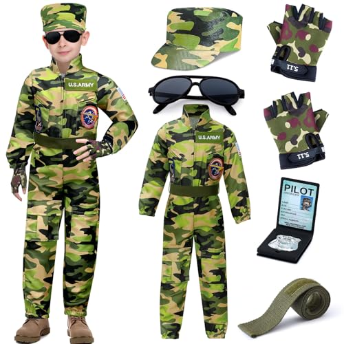 Vamei Kampfjet Pilot Kostüm für Kinder - Camouflage Grün Flieger Outfit Mit Kappe, Handschuhe, Sonnenbrille - Jetpilot Jumpsuit für Jungen Und Mädchen - Karneval Fasching (T-110) von vamei