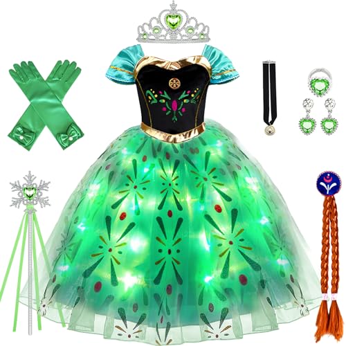 vamei LED Anna Kostüm für Mädchen Prinzessin Kleid Mädchen Anna Kleid mit Perücke Krone Handschuhe Verkleidung für Geburtstag Party Weihnachten Halloween Karneval (100) von vamei