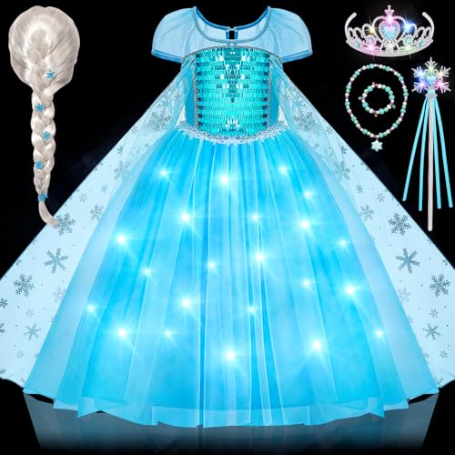 vamei LED Leuchtend Elsa Prinzessin Kleid Mädchen Eiskönigin Kostüm mit Elsa Zauberstab Krone Perücke Halskette Schmuck Faschingskostüme Weihnachten Geburtstag Halloween Kostüm Kinder (120) von vamei