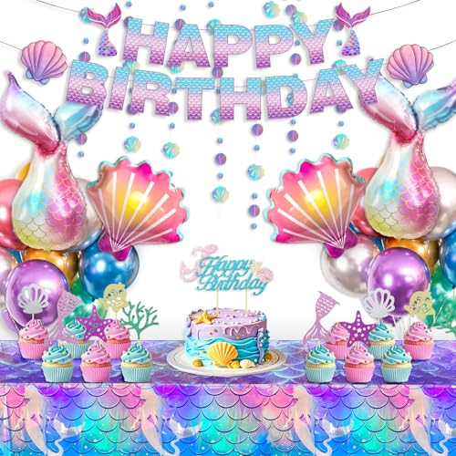 vamei Meerjungfrau Geburtstag Deko für Mädchen Meerjungfrau Luftballon Muschel Ballon mit Happy Birthday Banner Cake Topper Girlande Tischdecke Kinder Geburtstagsdeko von vamei