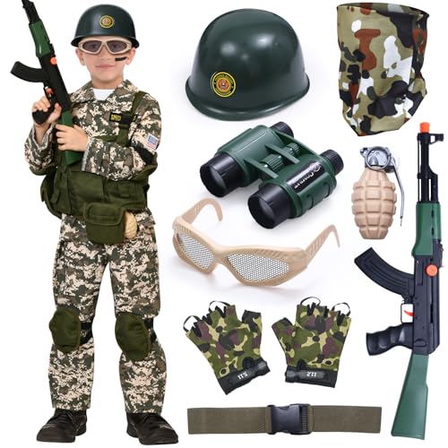 vamei Militär Kostüm Kinder Soldaten Kostüm für Kinder Armee Kostüm mit Weste Helm Spielzeug Ausrüstung Halloween Karneval Kostüm Geschenke für Junge Mädchen 3 4 5 6 7 8 9 10 Jahren(T) von vamei