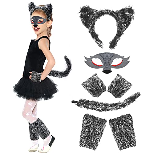 vamei Wolf Ohren und Schwanz Set Wolf Kostüm Kinder Wolf Maske Werwolf Haarreifen mit Pfoten Tierkostüm Mädchen Halloween Kostüm für Erwachsene Karneval Tiere Cosplay Geburtstag Party Faschingskostüme von vamei