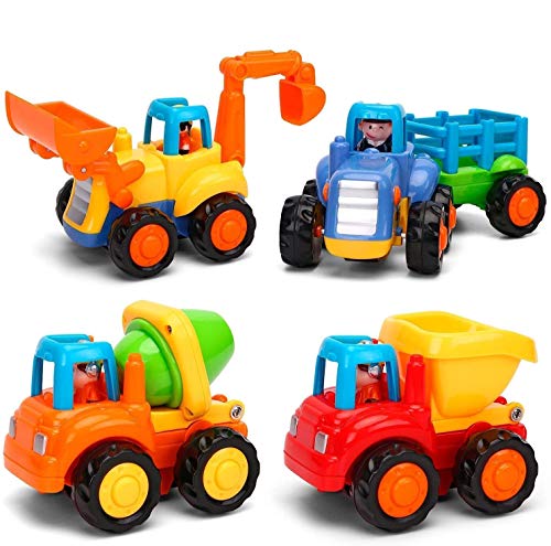 MOONTOY Baby Spielzeugauto Bagger Konstruktionsfahrzeuge Baufahrzeuge 4 in einem Set für Kinder, Traktor, Bulldozer, Kipper & Zementmischer von MOONTOY