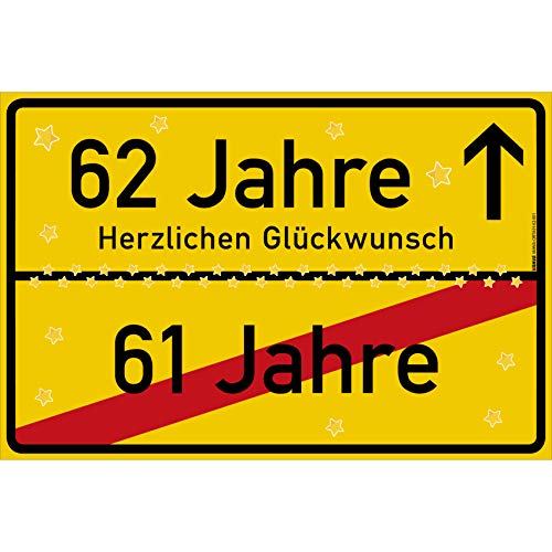 vanva 62 Geburtstag Schild - Ortsschild Herzlichen Glückwunsch 30x20 cm - Lustige Geschenke oder Dekoration - Party Deko Geschenkideen für den 62 Geburtstag Gelb von vanva