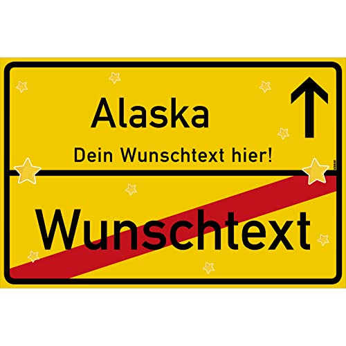 vanva Alaska Schild mit Wunschtext Ortsschild Alaska Geschenk 30x20cm Gelb Alaska-Schilder selbst gestalten Alaska-Geschenkideen für den Alaska-Party Urlaub von vanva