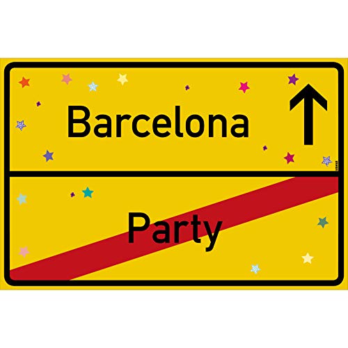 vanva Barcelona Schild Party Ortsschild Barcelona Party Gelb 30x20 cm - Lustige Geschenke oder Dekoration - Party Deko Geschenkideen Herzlichen Glückwunsch von vanva
