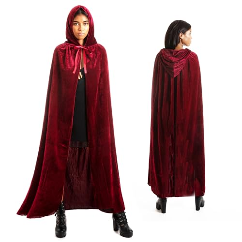 various Langer dunkelroter Umhang mit Kapuze, Samt, Vampir-Kostüm, Halloween, Umhang, Mittelalter, Kostüm für Karneval und Halloween, Umhang für Erwachsene für Damen und Herren, 170 cm von various