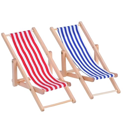 2 Stück Miniatur Strandkorb,Liegestuhl Miniatur Deko Holz,Mini Liegestuhl Deko Klein,Faltbar,Strand-Mikrolandschaft,Blau-Weißer Stoffsitz,11x5cm von vcsjw