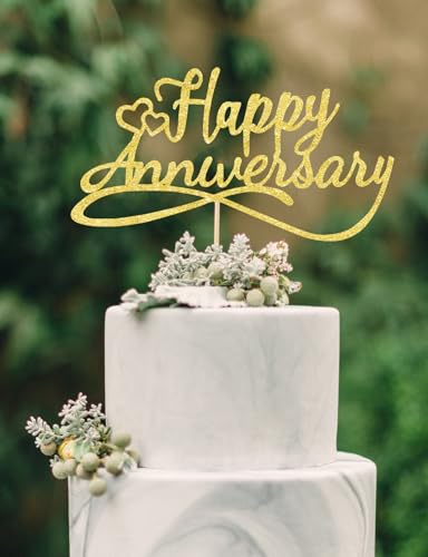 veegood Kuchendekoration "Happy Anniversary", Goldhochzeit, Kuchendekoration, Hochzeitstag, Partyzubehör (goldener doppelseitiger Glitzer) von veegood