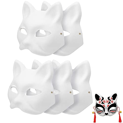 Vepoty DIY Blanko-Maske, 5 Stück, unbemalte Katzen-Gesichtsmaske, bemalbare Papiermaske, Maskenball-Maske, Tier-Halbgesichtsmaske, Kunstmaske von Vepoty