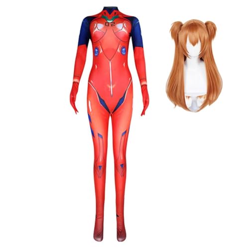 vewoza Anime Cosplay Asuka Langley Soryu Cosplay Kostüm Jumpsuits Bodysuit Asuka Kampfanzug Perücke Hut Katzenohren Baseball Cap Set Karneval Halloween Kostüme Outfits (Typ 2, 3XL) von vewoza