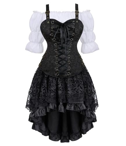 vewoza Korsettkleid, Piratenrock-Set, Damen, Steampunk-Kleidung, Halloween-Kostüm (Schwarz, 3er-Set, XS) von vewoza