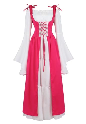 vewoza Renaissance-Kostüm für Damen, mittelalterliches Kleid, irisch, viktorianisch, Vintage, Halloween, Übergröße, Übergröße (Rosarot, XS) von vewoza