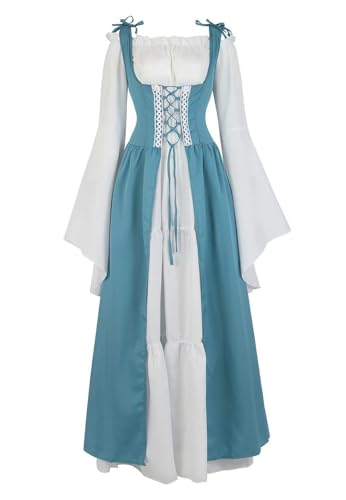 vewoza Renaissance-Kostüm für Damen, mittelalterliches Kleid, irisch, viktorianisch, Vintage, Halloween, Übergröße, Übergröße (Seewasserblau, XXL) von vewoza