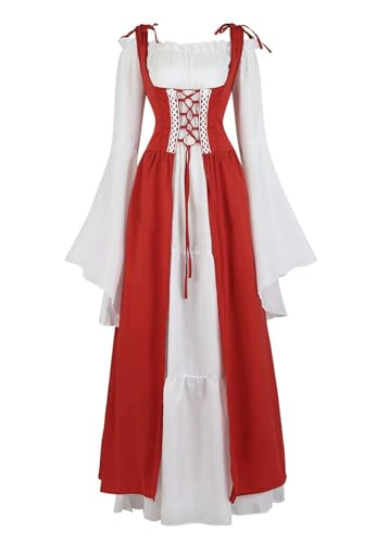 vewoza Renaissance-Kostüm für Damen, mittelalterliches Kleid, irisch, viktorianisch, Vintage, Halloween, Übergröße (Cranberry-Rot, M) von vewoza