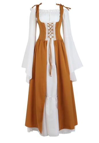 vewoza Renaissance-Kostüm für Damen, mittelalterliches Kleid, irisch, viktorianisch, Vintage, Halloween, Übergröße (Gelb, XS) von vewoza