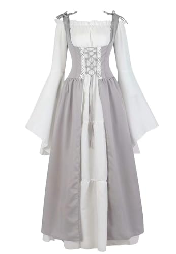 vewoza Renaissance-Kostüm für Damen, mittelalterliches Kleid, irisch, viktorianisch, Vintage, Halloween, Übergröße (Grau, M) von vewoza