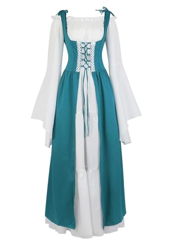 vewoza Renaissance-Kostüm für Damen, mittelalterliches Kleid, irisch, viktorianisch, Vintage, Halloween, Übergröße (Meeresblau, S) von vewoza