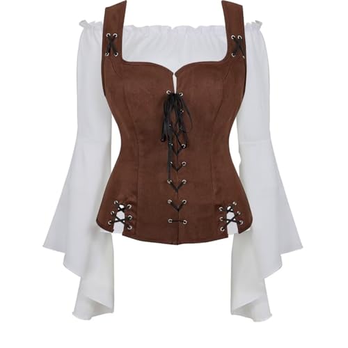 vewoza Renaissance-Kostüme für Damen, mittelalterliche Piratenweste, Hemd, Bluse, langärmelig, 2-teilig, Wikinger-Kostüm, Miedermantel (Coffee6530white, XS) von vewoza