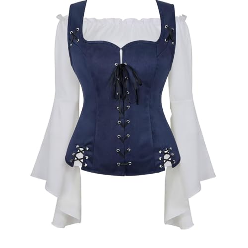 vewoza Renaissance-Kostüme für Damen, mittelalterliche Piratenweste, Hemd, Bluse, langärmelig, 2-teilig, Wikinger-Kostüm, Miedermantel (Dunkelblau 6530weiß, Größe 3XL) von vewoza