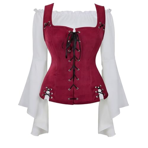 vewoza Renaissance-Kostüme für Damen, mittelalterliche Piratenweste, Hemd, Bluse, langärmelig, 2-teilig, Wikinger-Kostüm, Miedermantel (Weinrot 6530weiß, XL) von vewoza