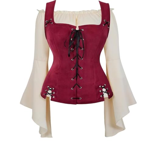 vewoza Renaissance-Kostüme für Damen, mittelalterliche Piratenweste, Hemd, Bluse, langärmelig, 2-teilig, Wikinger-Kostüm, Miedermantel (Weinrot6530Khaki, XXL) von vewoza