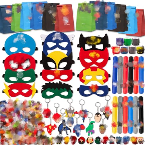 110Pcs Helden Mitgebsel Kindergeburtstag, Geburtstagsdeko Mitgebsel Geburtstag Deko Kinder, Geburtstagstüten Kinder Mit Masken Aufkleber SchlüSselanhänger Slap Bands GeschenktüTen Schuhdekorationen von viallolipa