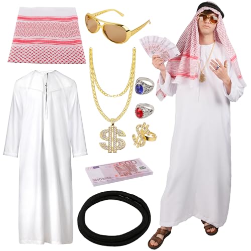 viallolipa Herren Scheich Kostüm, Araber Kostüm, Arabisches Weißes Gewand mit Kopftuch, Finger Ring, Halskette, Sonnenbrille, Karneval, Party, Cosplay viallolipa Herren Scheich Kostüm, Araber Kostüm, Arabisches Weißes Gewand mit Kopftuch, Finger Ring, Halskette, Sonnenbrille, Karneval, Party, Cosplay von viallolipa