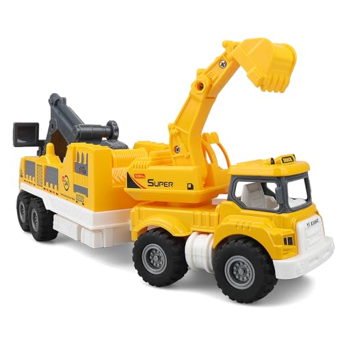 victob Kinder Baufahrzeuge Spielzeug LKW mit Bagger, Abkoppelbarer Auflieger, Auto Lastwagen für 3 4 5 6 Jahre von victob