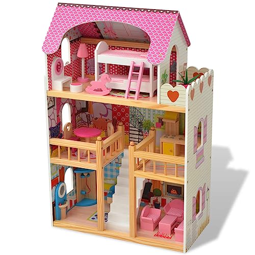 vidaXL 3-Etagen Puppenhaus Barbiehaus Puppenstube mit Möbeln Holz 60x30x90 cm von vidaXL