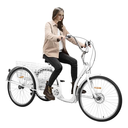 Dreirad für Erwachsene 26 Zoll 6-Gang Dreiradfahrrad Mit GroßEm Korb Verstellbarer Sitz Cruiser Trike Rennrad für MäNner Frauen äLtere Menschen 120kg TragfäHigkeit für StäDte Radwege von vinnyooc