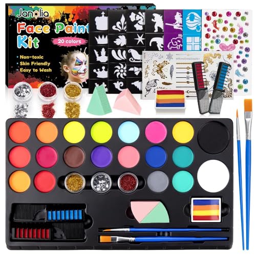 Kinderschminke schminke Set, Make-up-Palette auf Ölbasis mit 20 Farben mit Schablonen Glitters, Face Paint und Bodypainting Farben für Halloween Schminke, Faschingsschminke, Babybauch Bemalen von vnfsmy