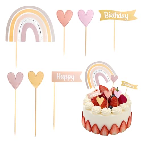 Volumoon 8 Stück Regenbogen Tortendeko Set, Kuchen Deko Geburtstag Mit Sticker, Happy Birthday Herz Kuchendeko für Kinder Baby Shower Mädchen (Rosa) Volumoon 8 Stück Regenbogen Tortendeko Set, Kuchen Deko Geburtstag Mit Sticker, Happy Birthday Herz Kuchendeko für Kinder Baby Shower Mädchen (Rosa) von volumoon
